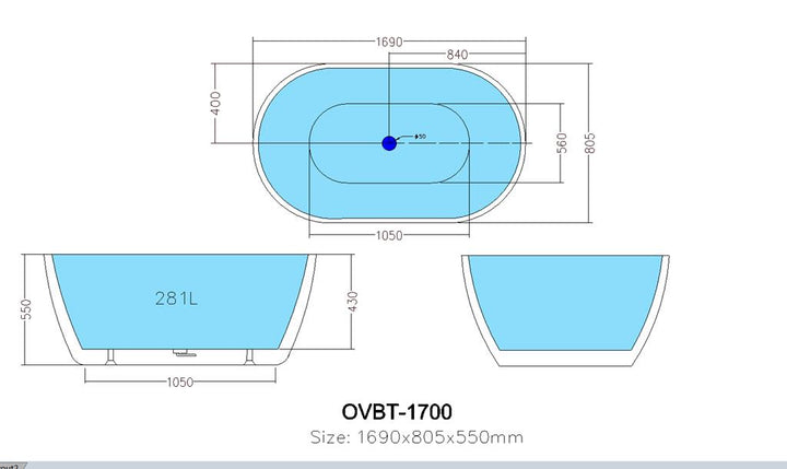 Olivia Freestanding Oval Bathtub No Overflow 1690x805x550mm