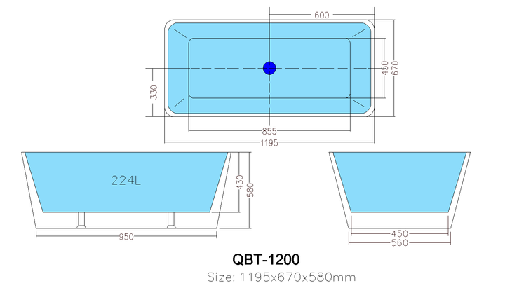 Qubist Rectangular Free Standing Bathtub Gloss White 1200mm