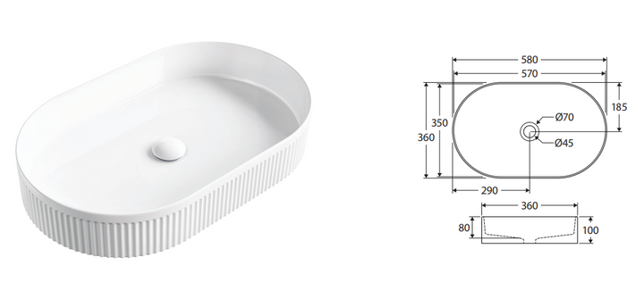 Fienza Eleanor Oval Above Counter Fluted Basin Matte White
