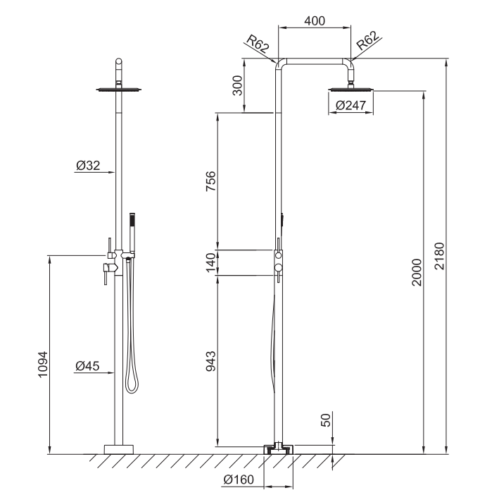 Gareth Ashton Alfresco 316 Marine Grade Stainless Steel Freestanding Round Shower Head (250mm) & Handshower