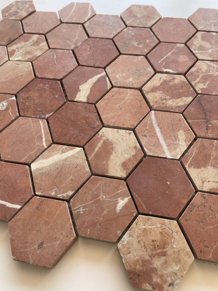 Rojo Alicante Large Hexagon Honed Marble Mosaic