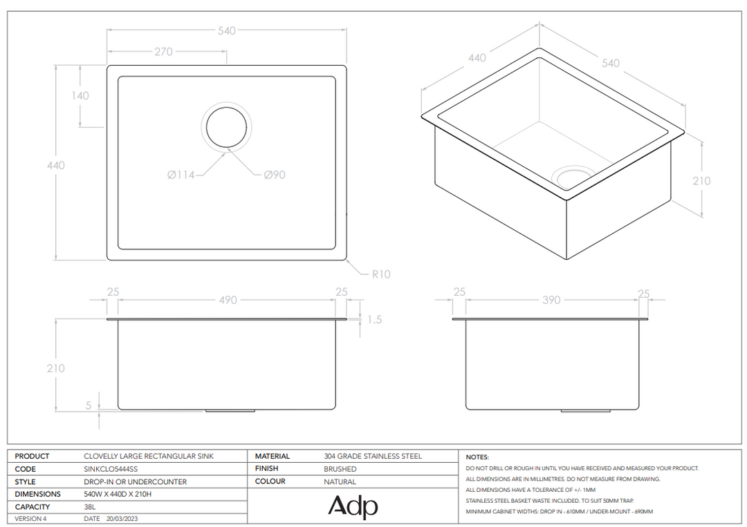 ADP Clovelly Large Rectangular Sink