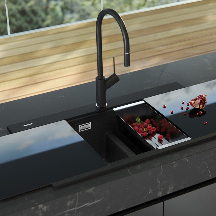 Oliveri Santorini Black Double Bowl Topmount Sink With Glass Top