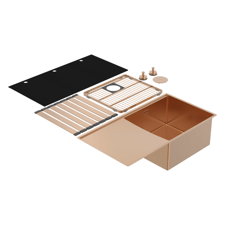 Abey Boutique Lugano Single Bowl &amp; Drainer Right Hand Bowl Artisan Copper