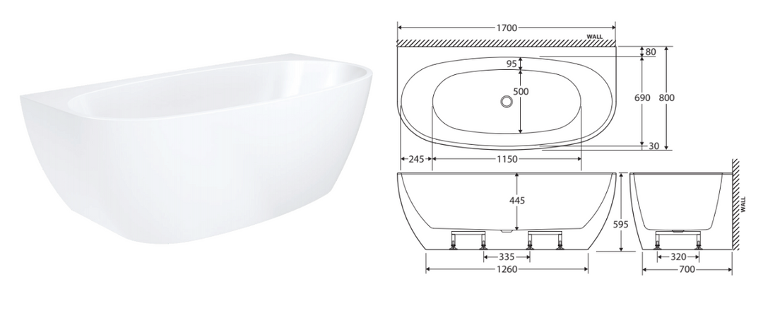 Fienza Keeto Back-To-Wall Acrylic Gloss White Bath 1700mm