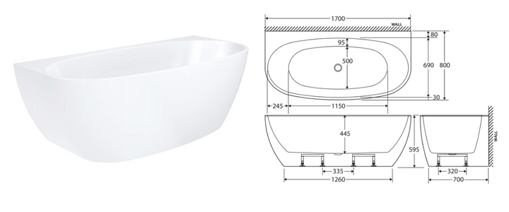 Fienza Keeto Back-To-Wall Acrylic Gloss White Bath 1700mm