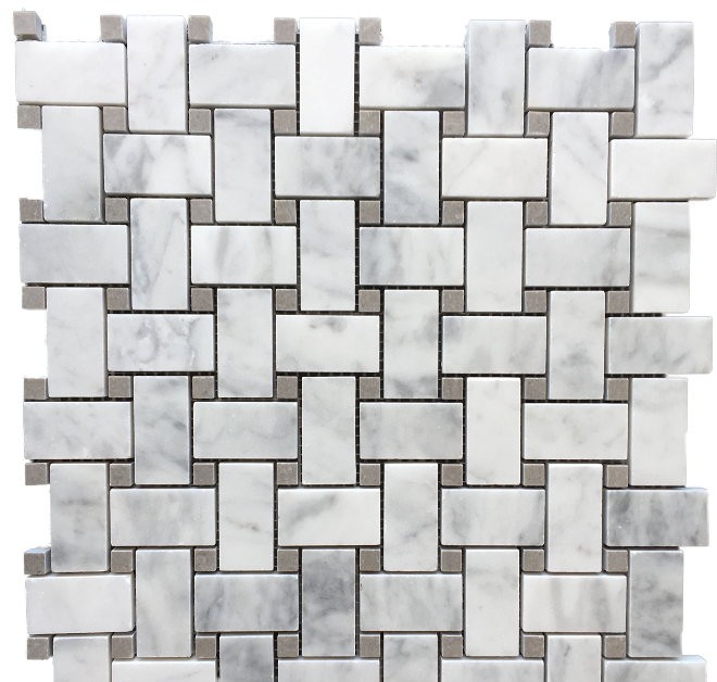 Basketweave Carrara with Grey Dot Honed Mosaic