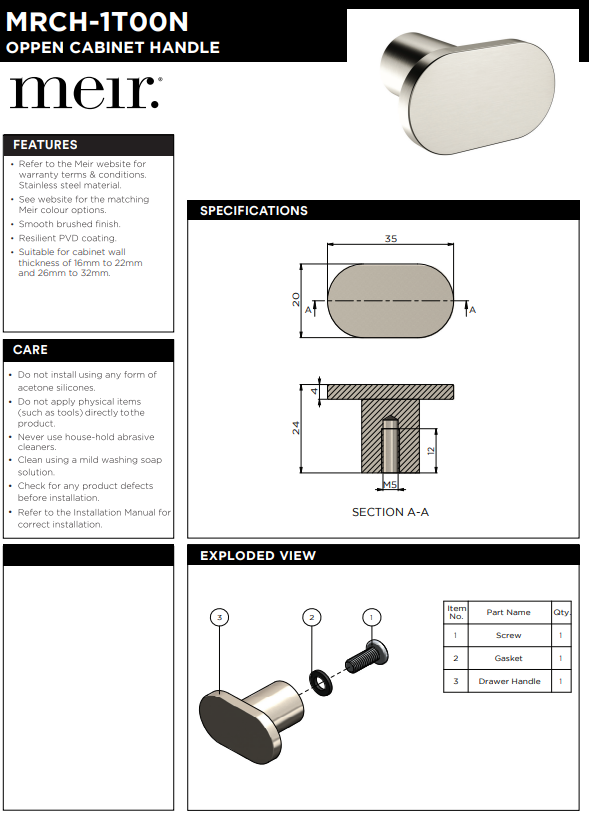 Meir Öppen T-Pull Cabinet Handle (Brushed)