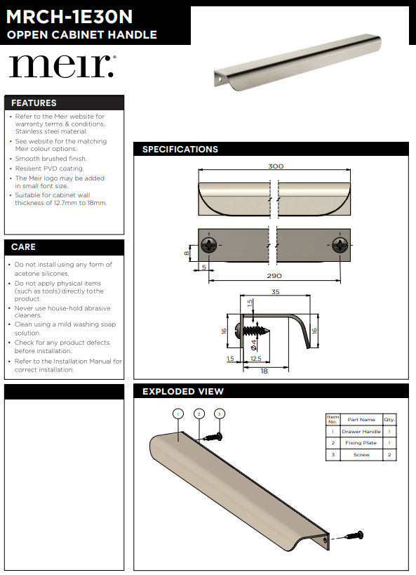 Meir Öppen Edge-Pull 300mm Cabinet Handle (Brushed)
