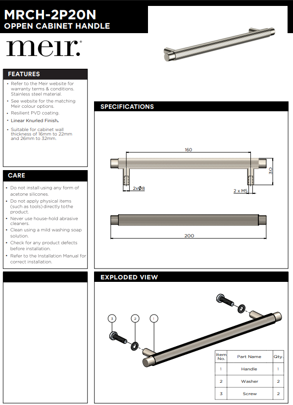 Meir Öppen Round Pull 200mm Cabinet Handle (Linear Knurled)