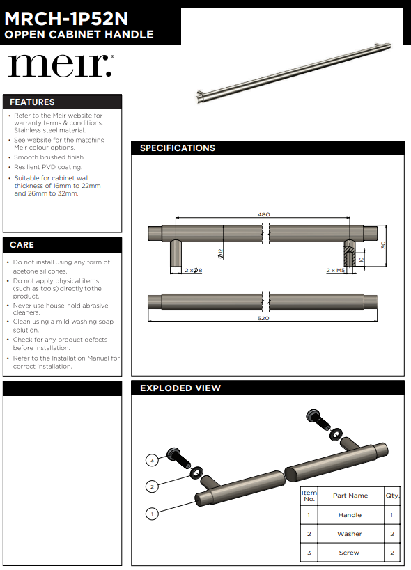 Meir Öppen Round Pull 520mm Cabinet Handle (Brushed)