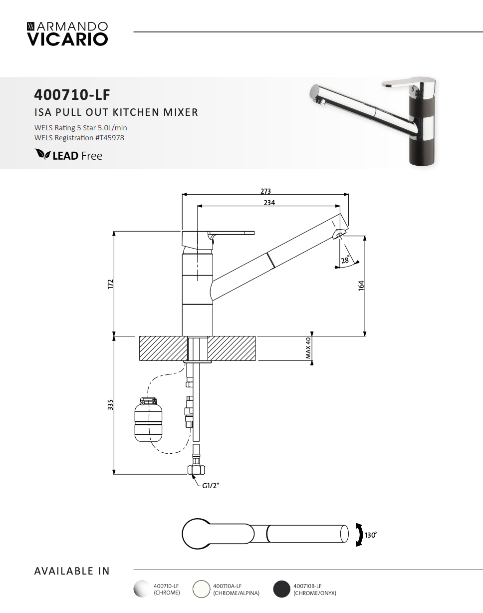 Armando Vicario ISA Pull Out Kitchen Mixer Lead Free