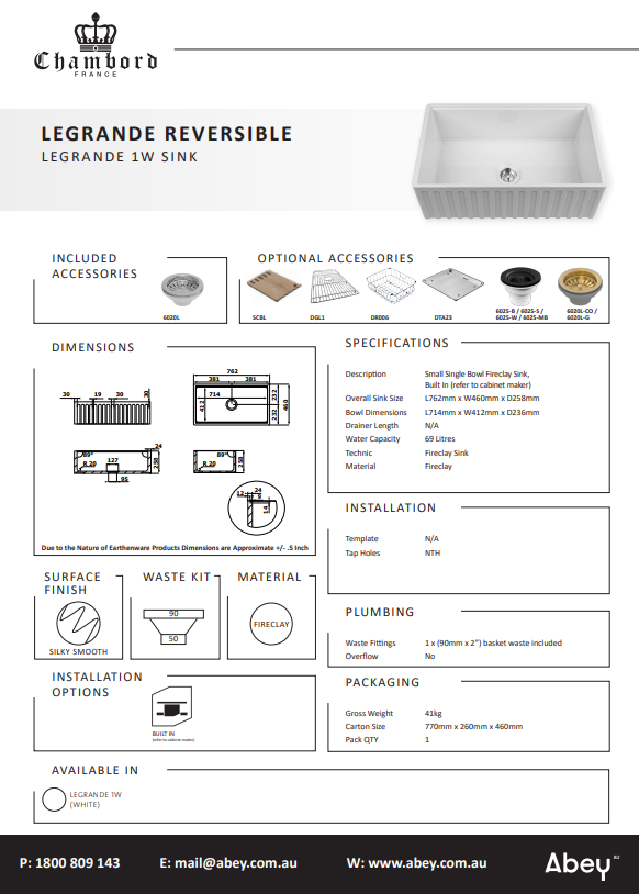 Abey Chambord Legrande Single Bowl Reversible Fireclay Sink