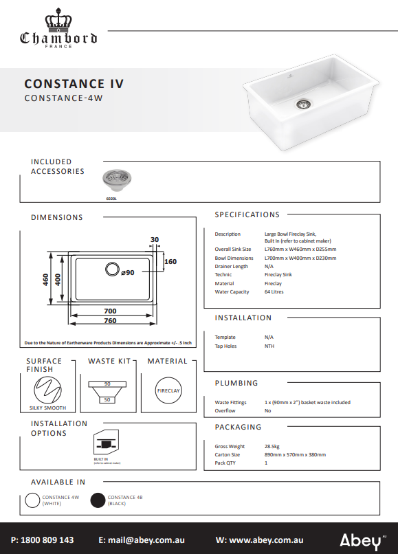 Abey Chambord Constance Large Bowl Fireclay White