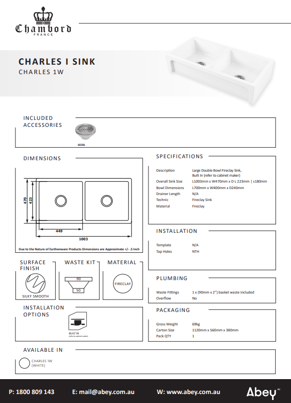 Abey Chambord Charles Large Double Bowl Fireclay White