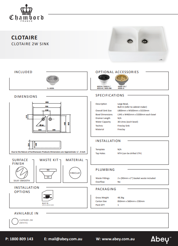 Abey Chambord Clotaire Large Double Bowl Fireclay