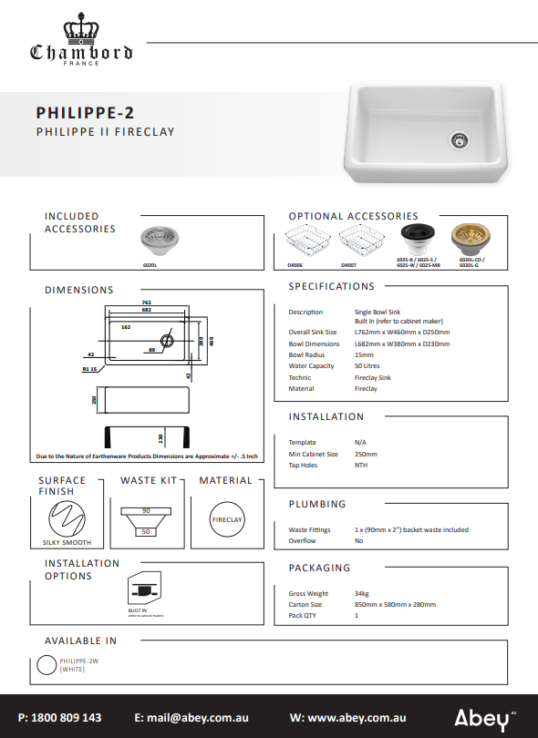 Abey Chambord Philippe II Single Bowl Fireclay White