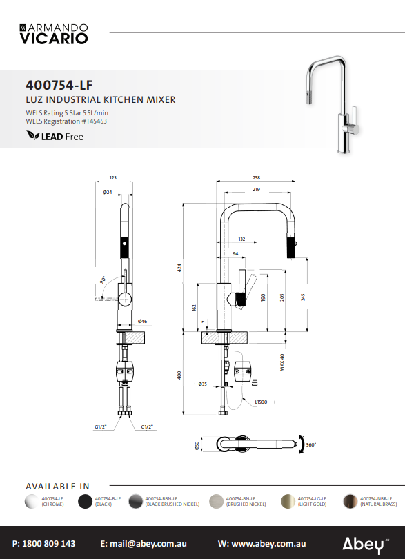 Abey Luz Industrial Pull Out Kitchen Mixer Dual Spray Lead Free