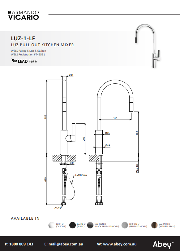 Abey Luz Gooseneck Pull-Out Mixer Lead Free
