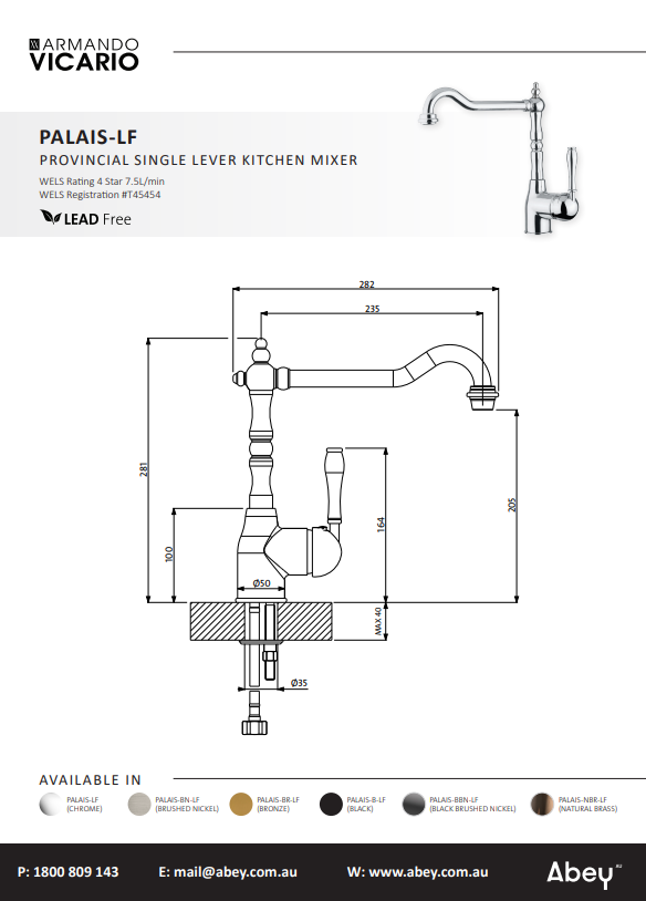 Abey Palais Kitchen Mixer Lead Free
