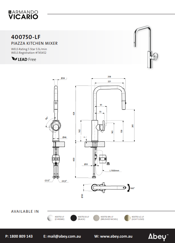 Abey Piazza Dual Spray Kitchen Mixer Lead Free