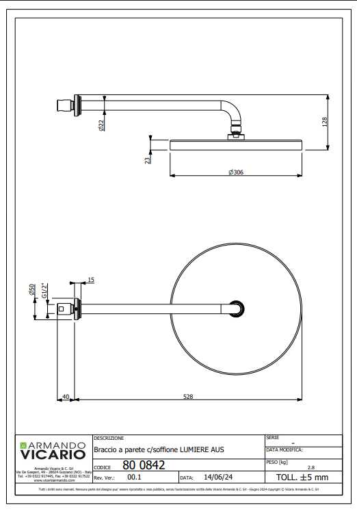 Abey Armando VIcario Lumiere Horizontal Shower 300mm