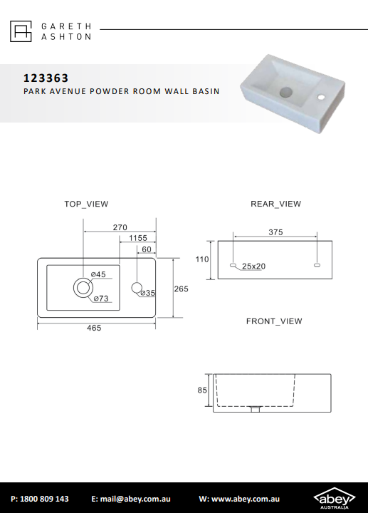 Abey Gareth Ashton Park Avenue Wall Hung Powder Room Basin