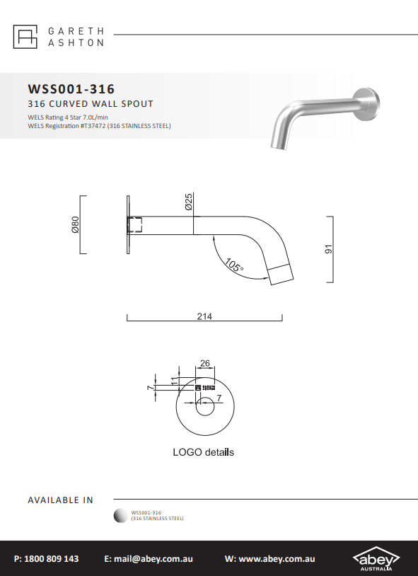 Abey Gareth Ashton 316 Curved Wall Spout