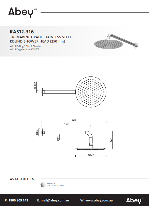 Abey Gareth Ashton 316 Marine Grade Stainless Steel Round Shower Head (250mm)