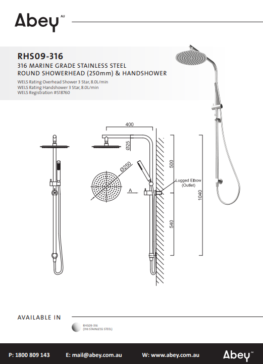 Abey Gareth Ashton 316 Marine Grade Stainless Steel Twin Round Showerhead (250mm) &amp; Handshower