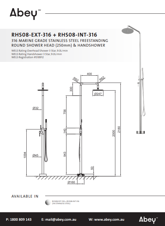 Abey Gareth Ashton 316 Marine Grade Stainless Steel Freestanding Round Shower Head (250mm) &amp; Handshower