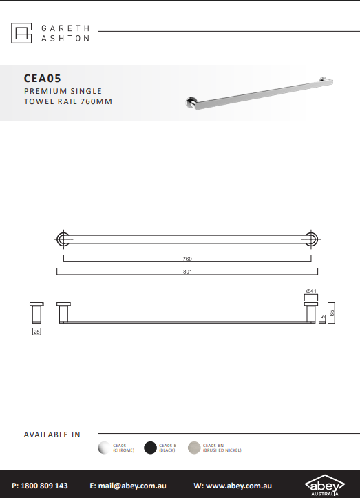 Abey Gareth Ashton Premium Single Towel Rail 760mm