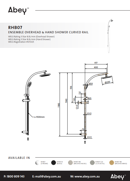 Abey Gareth Ashton Twin Curve Rail and Hand Shower Ensemble