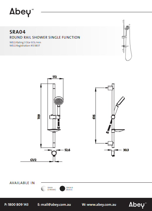 Abey Gareth Ashton ABS Round Rail Shower Single Function
