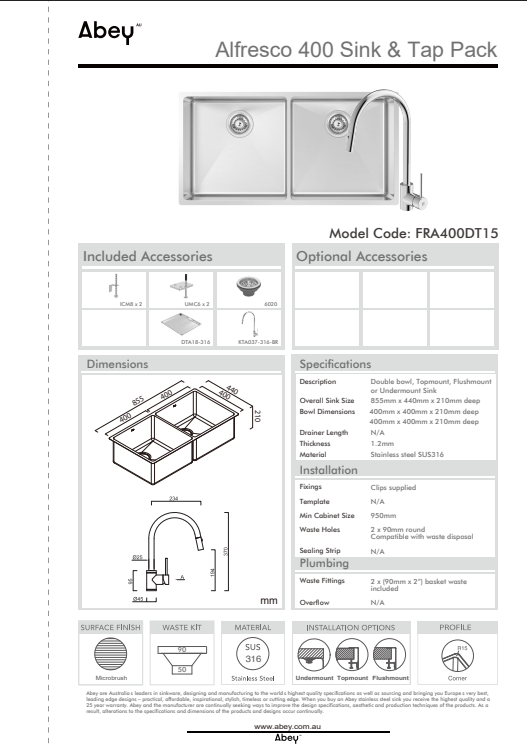 Abey Alfresco 400 Double Bowl Sink with Drain Tray & KTA037-316-BR Kitchen Mixer