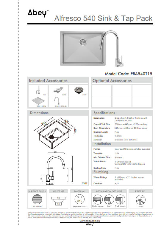 Abey Alfresco 540 Large Bowl Sink with Drain Tray &amp; KTA037-316-BR Kitchen Mixer