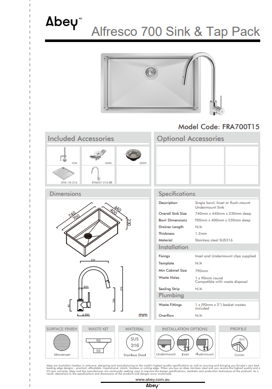 Abey Alfresco 700 Large Bowl Sink with Drain Tray &amp; KTA037-316-BR Kitchen Mixer