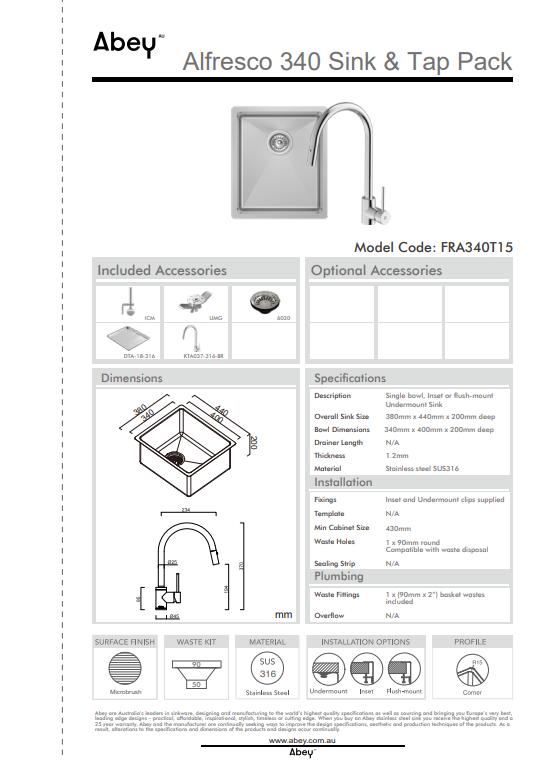 Abey Alfresco Single Bowl Sink with Drain Tray &amp; KTA037-316-BR Kitchen Mixer