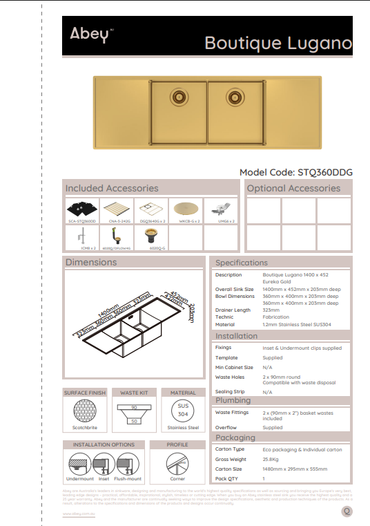 Abey Alfresco 400 Double Bowl Sink with Drain Tray & KTA037-316-BR Kitchen Mixer