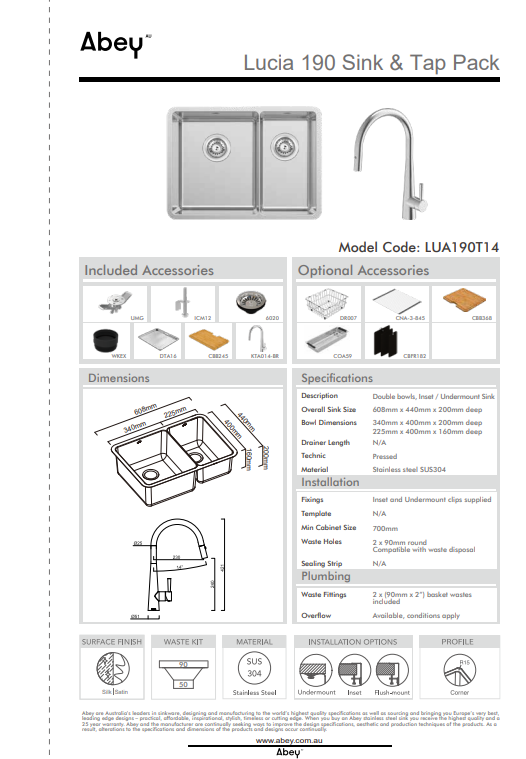 Abey Lucia Bowl &amp; a Half with KTA014-BR Kitchen Mixer, Drain Tray &amp; Cutting Board