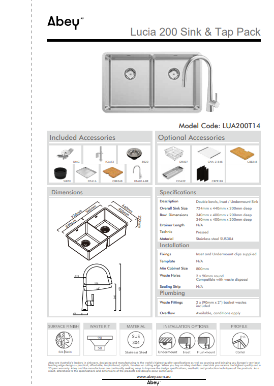 Abey Lucia Double Bowl with KTA014-BR Kitchen Mixer, Drain Tray &amp; Cutting Board