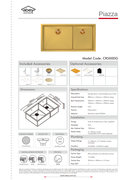 Abey Piazza One &amp; 3/4 Square Bowl Eureka Gold