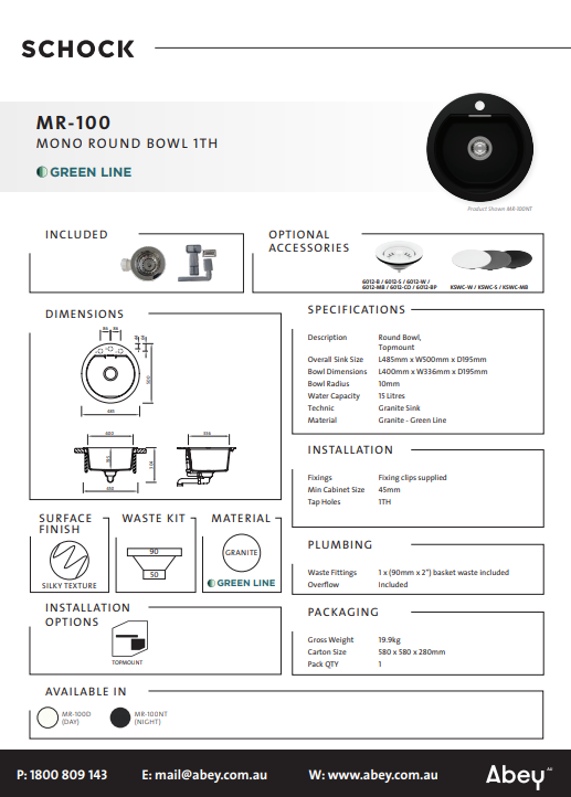 Abey Schock Mono Round Bowl Sink