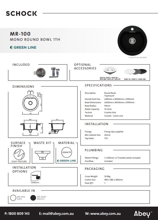 Abey Schock Mono Round Bowl Sink