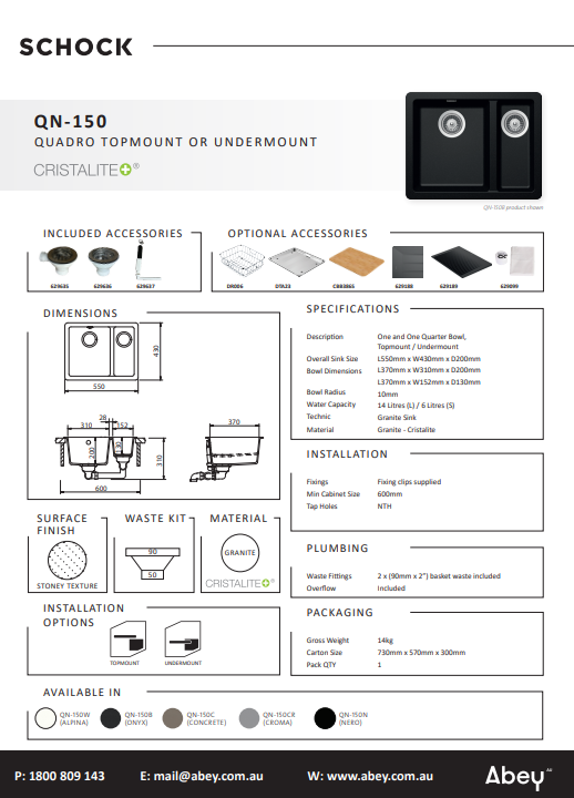 Abey Schock Quadro One &amp; 1/2 Bowl Nero
