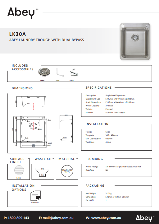 Abey Laundry Sink with Dual Bypass