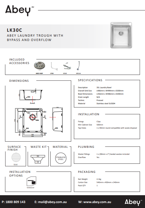 Abey Laundry Sink with Dual Bypass &amp; Overflow