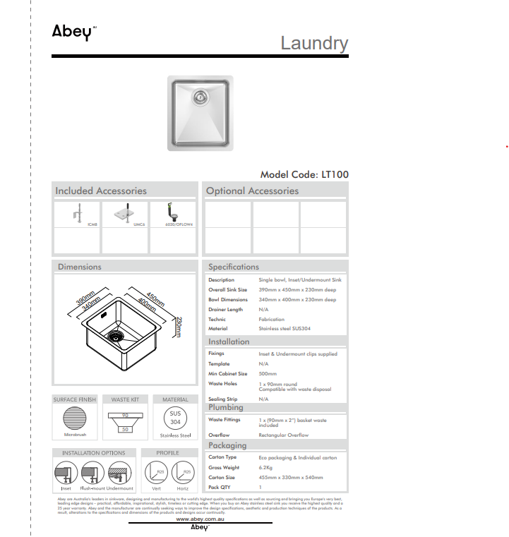 Abey LT100 31 Litre Single Bowl