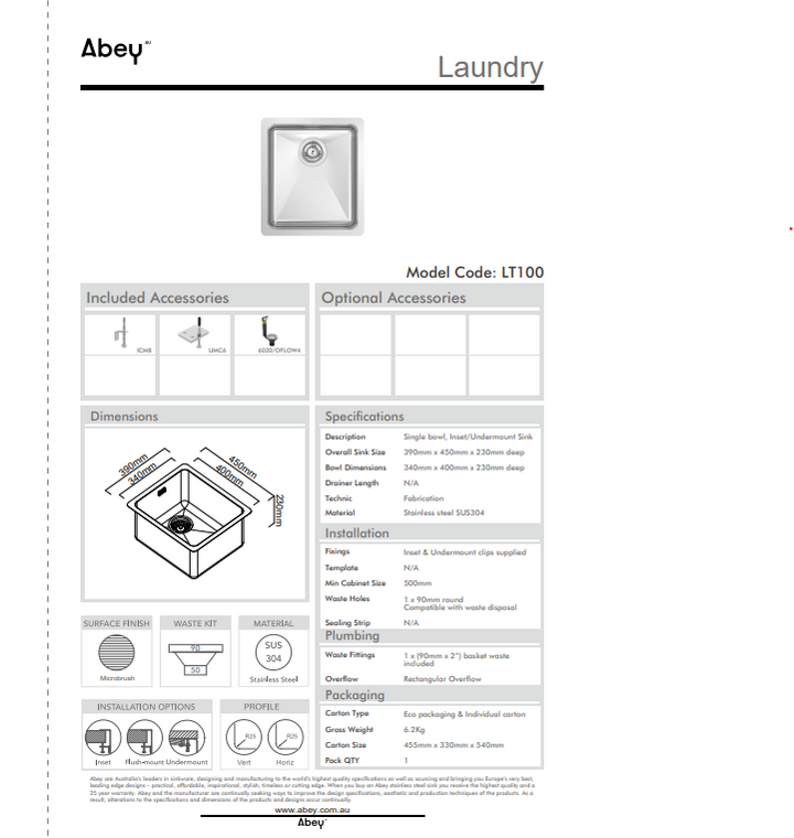 Abey LT100 31 Litre Single Bowl