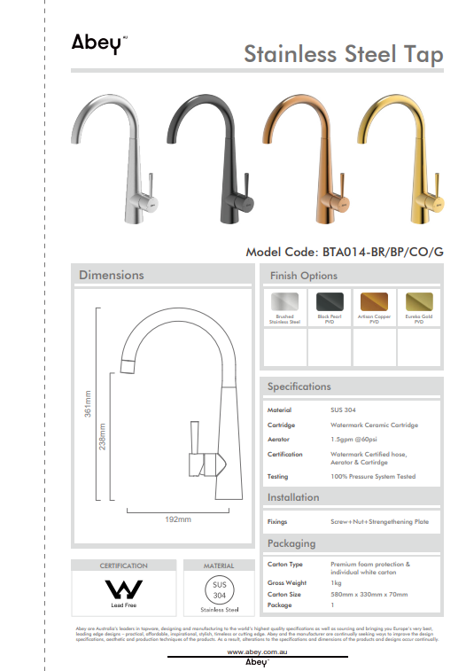 Abey 304 Gooseneck Bar Sink Mixer